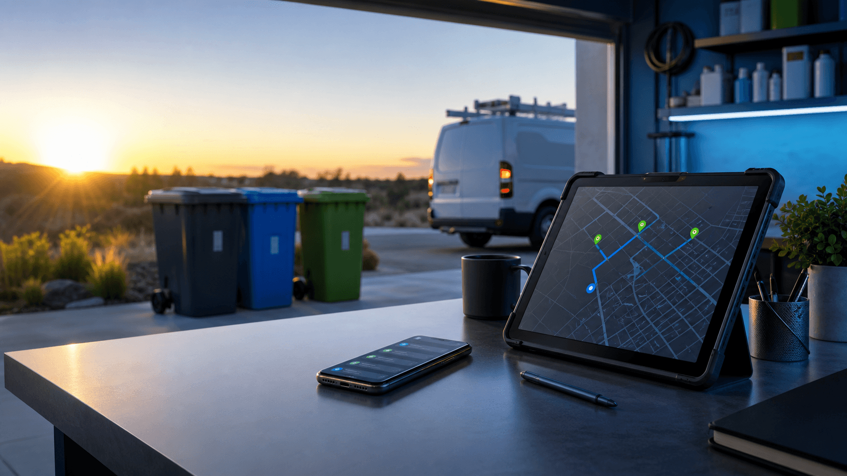 A route operations desk with a tablet map, customer messages, clean bins, and a service van.